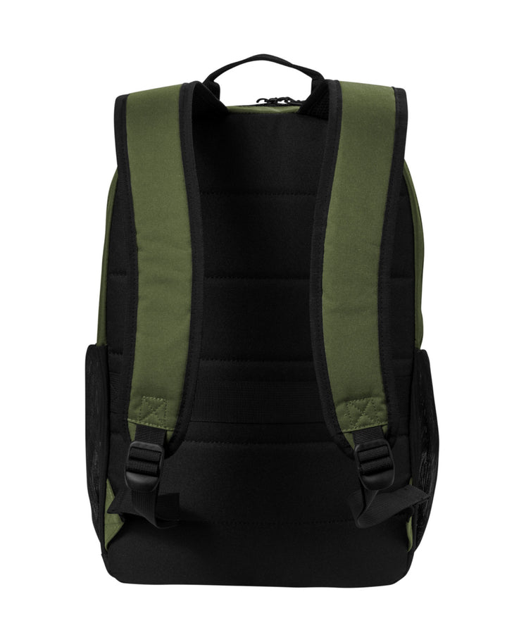 Back view of a green Michigan State backpack.