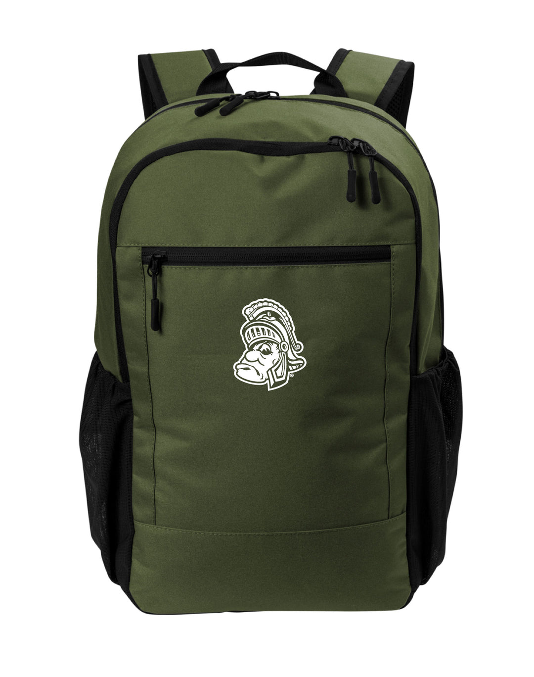 Green Michigan State backpack with white Gruff Sparty embroidered on the front