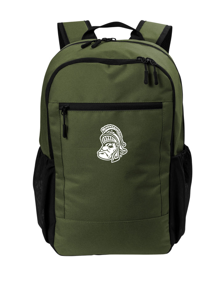 Green Michigan State backpack with white Gruff Sparty embroidered on the front