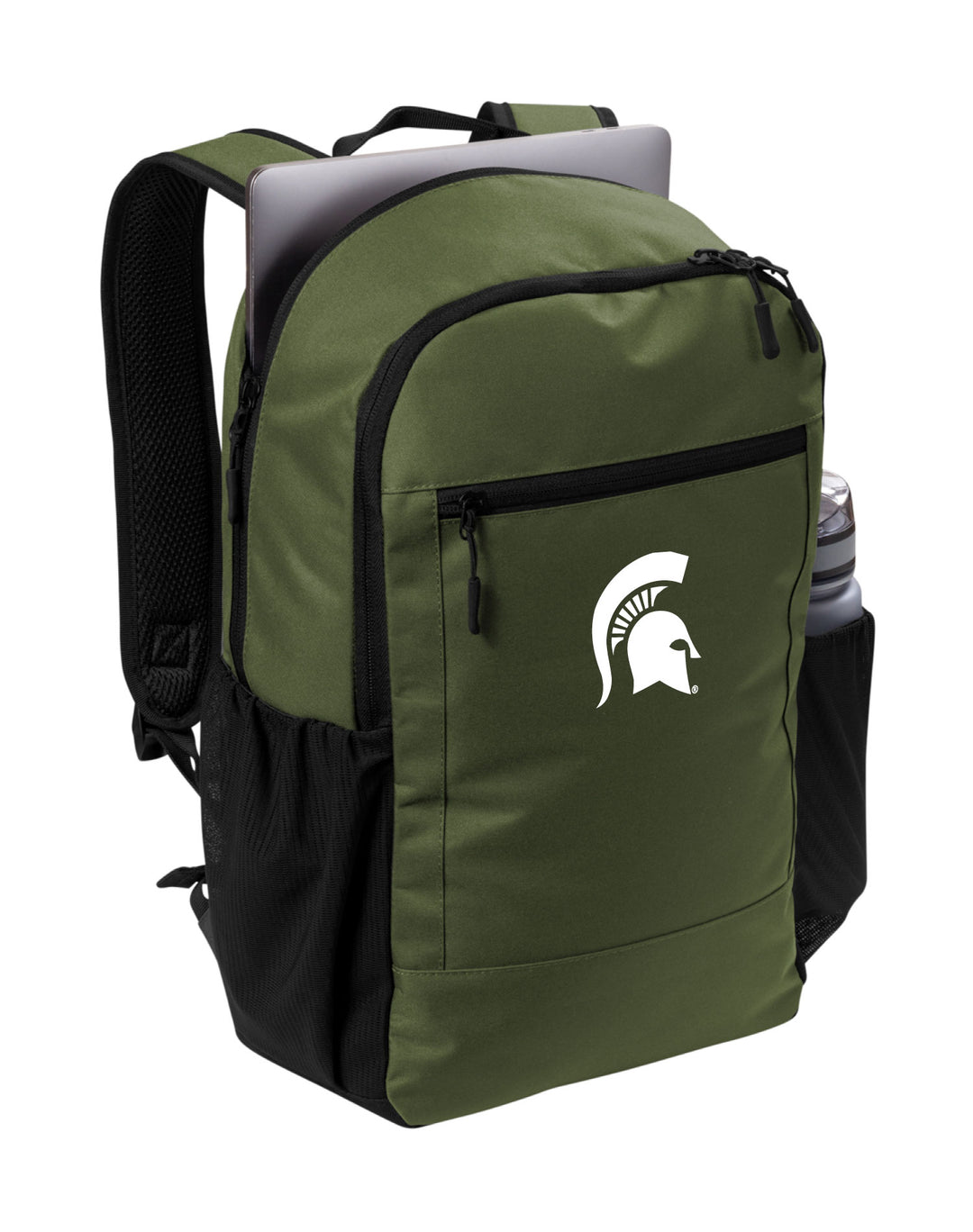 Front view of a green Michigan State backpack with a white Spartan Helmet logo embroidered on the front pocket. 
