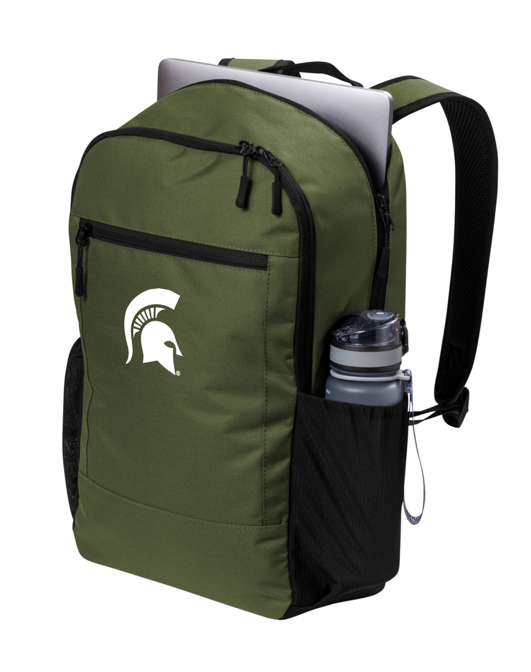 Front view of a green Michigan State backpack with white Spartan Helmet logo and holding a laptop.