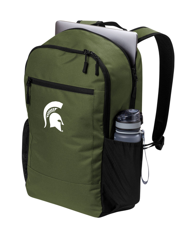 Front view of a green Michigan State backpack with white Spartan Helmet logo and holding a laptop.