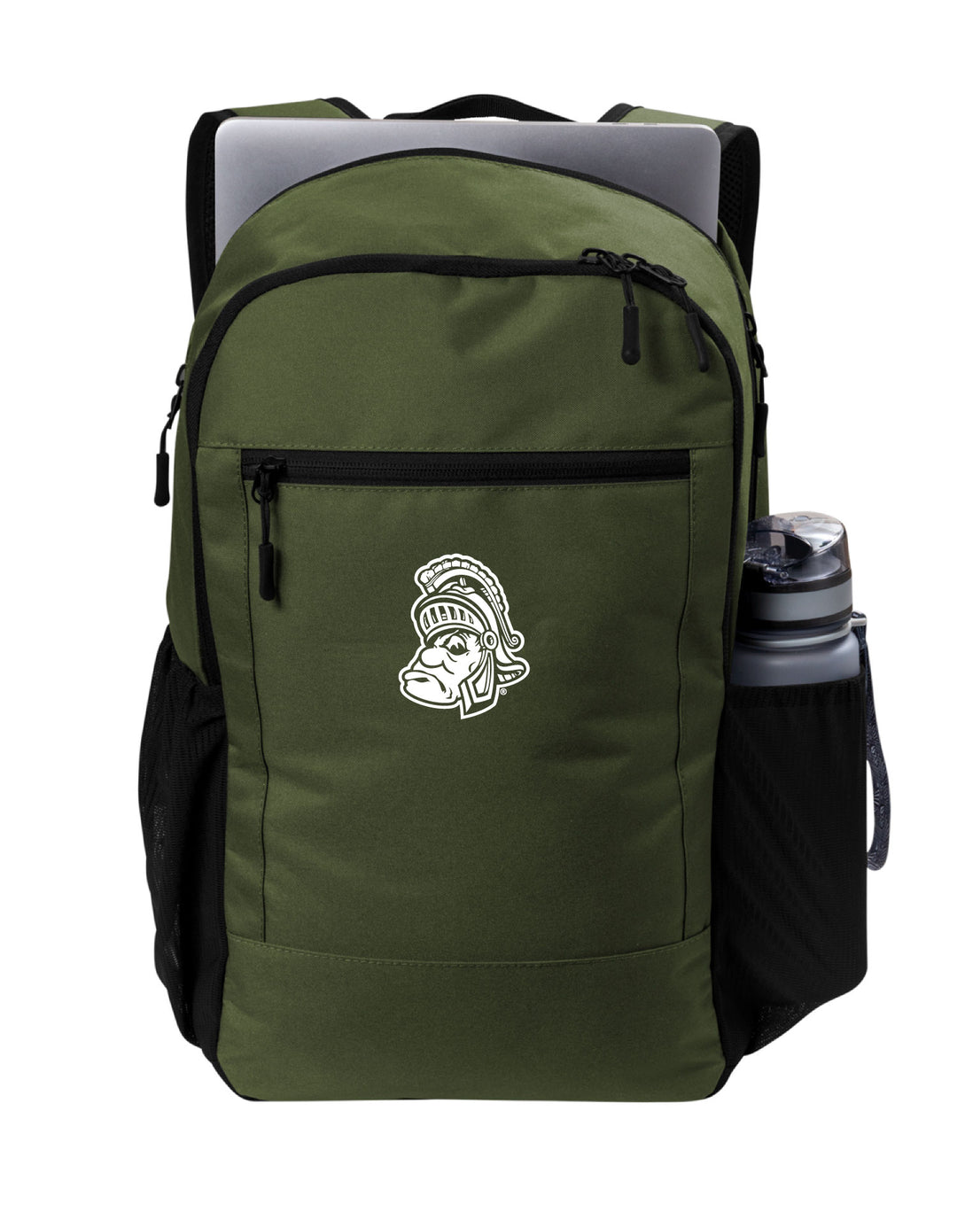 Green Michigan State backpack with a Gruff Sparty logo embroidered on the front with laptop.