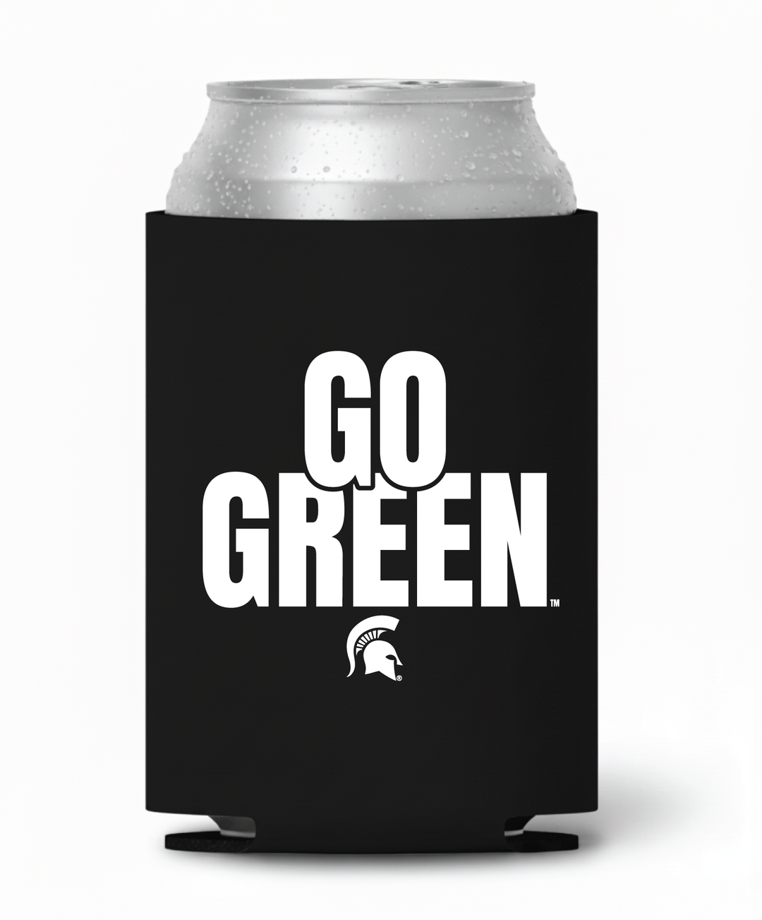 Black Michigan State koozie with white "Go Green" and Spartan Helmet print