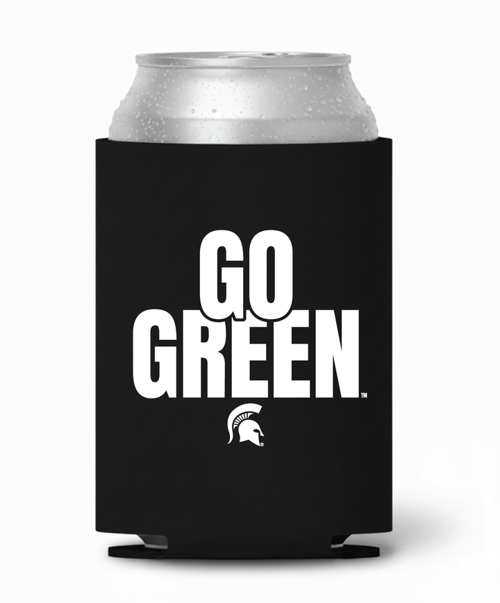 Black Michigan State koozie with white "Go Green" and Spartan Helmet print