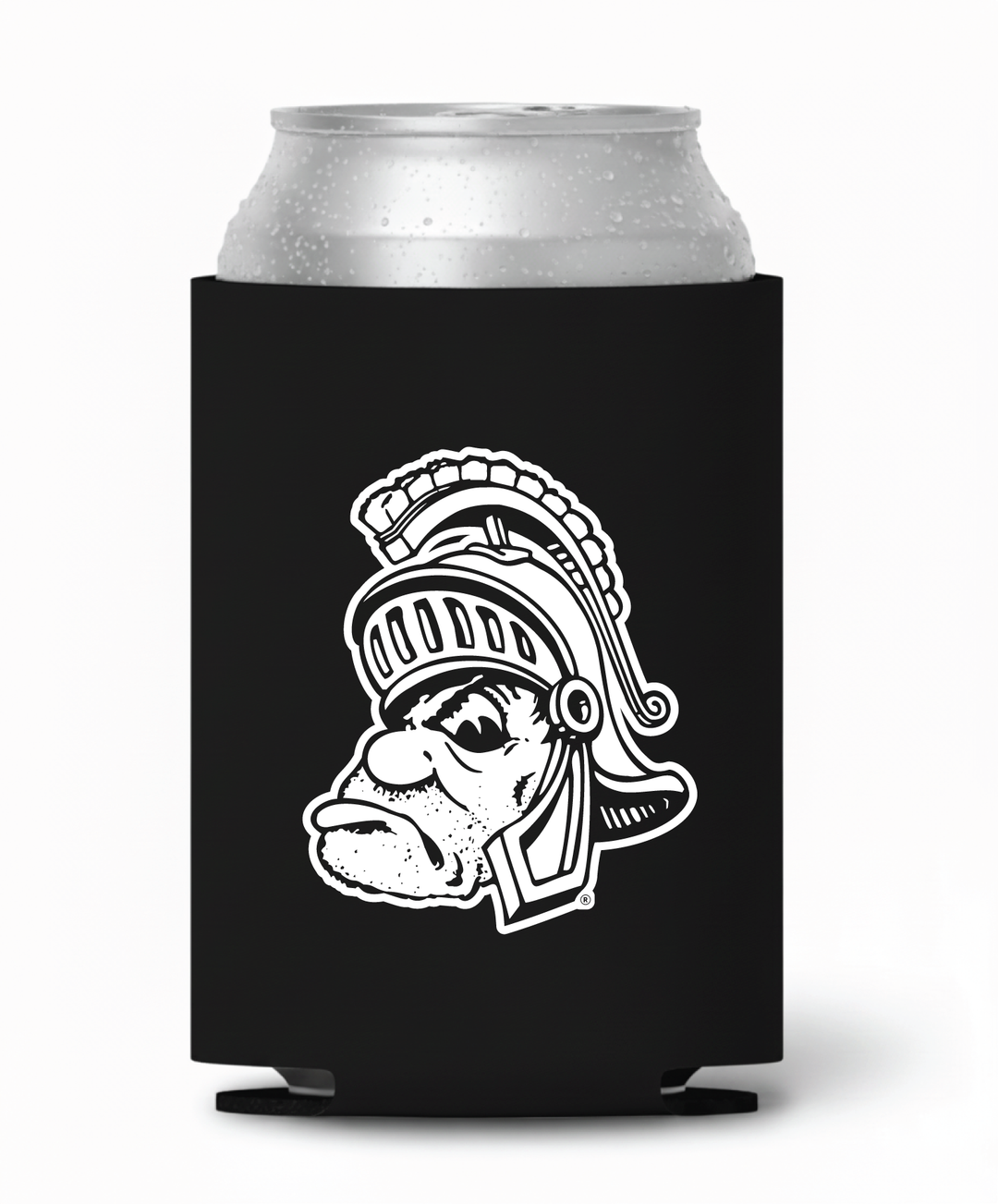 Black Michigan State koozie with white Gruff Sparty logo print