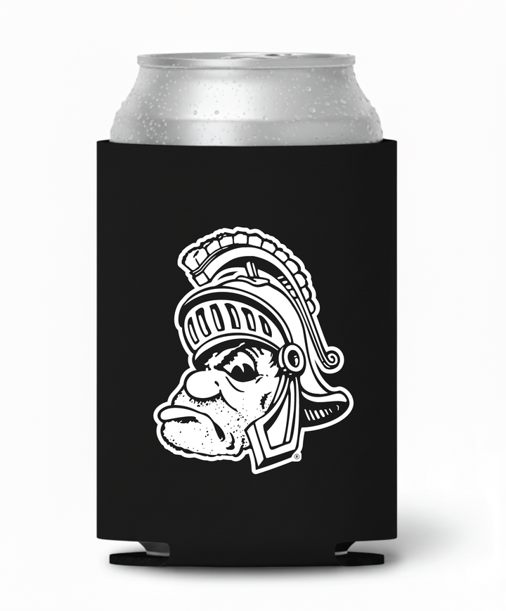 Black Michigan State koozie with white Gruff Sparty logo print