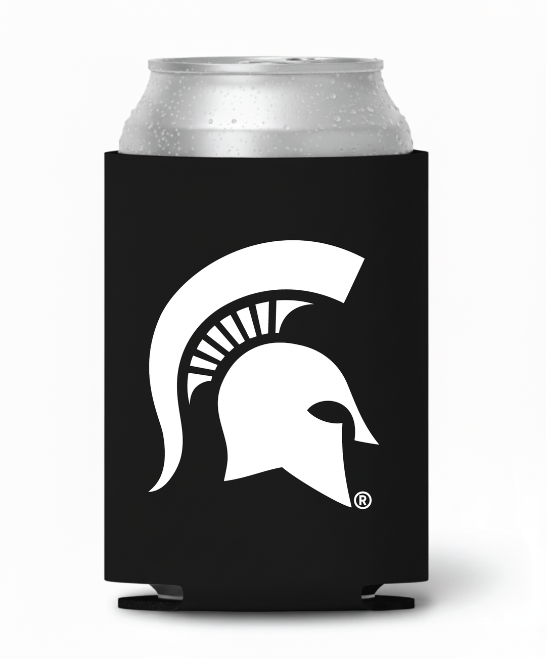 Black Michigan State can koozie with white Spartan Helmet