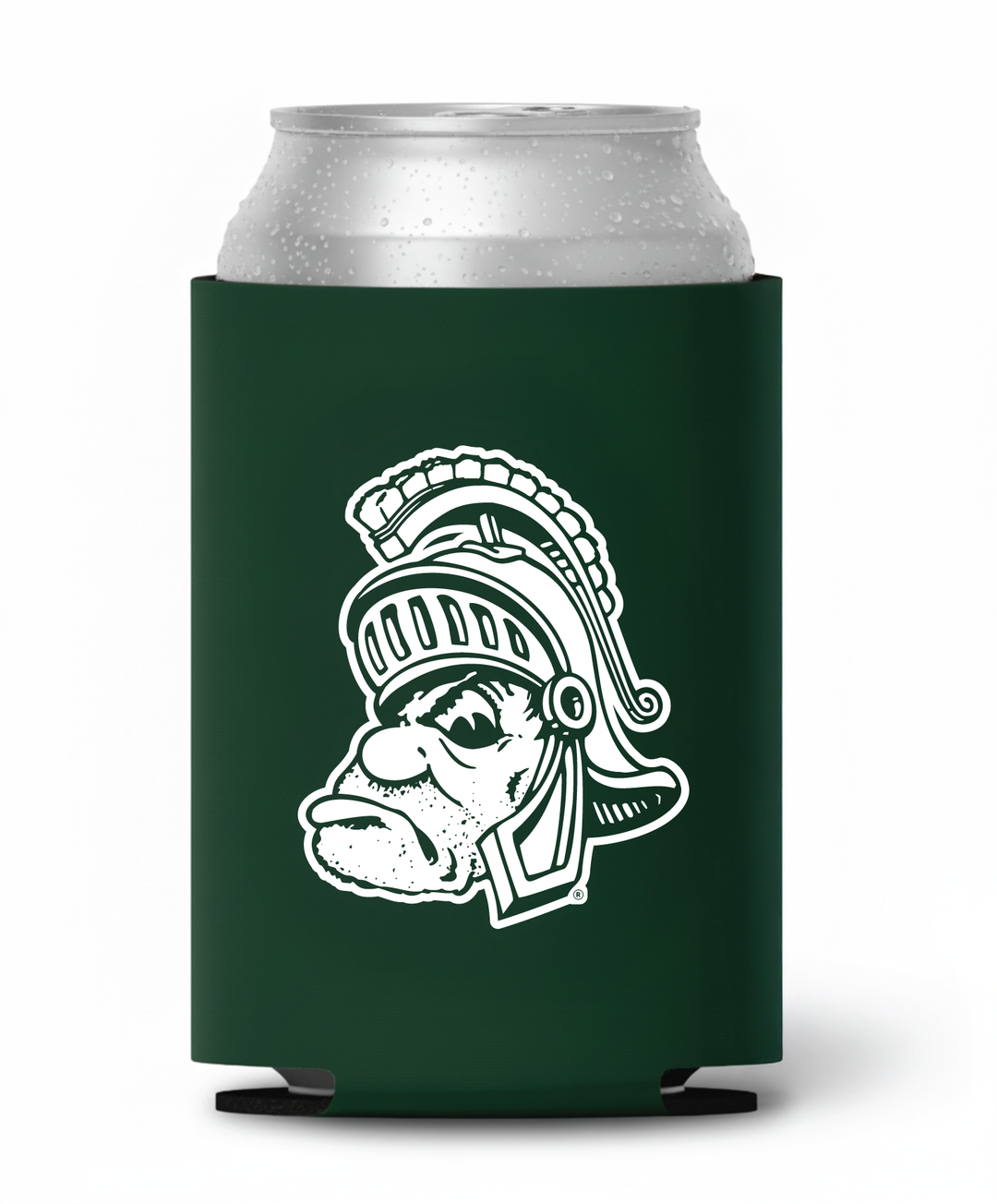 Green Michigan State koozie with white Gruff Sparty logo print