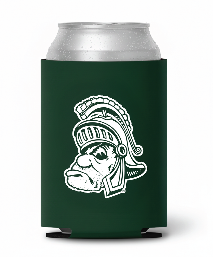 Green Michigan State koozie with white Gruff Sparty logo print