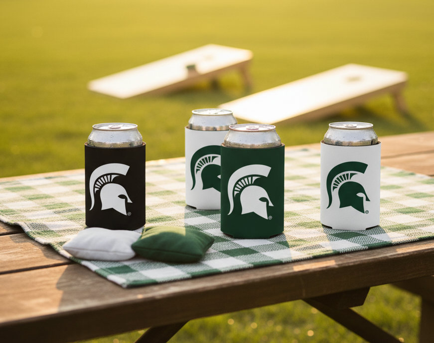 Four Michigan State can koozies each with  the Spartan Helmet logo 
