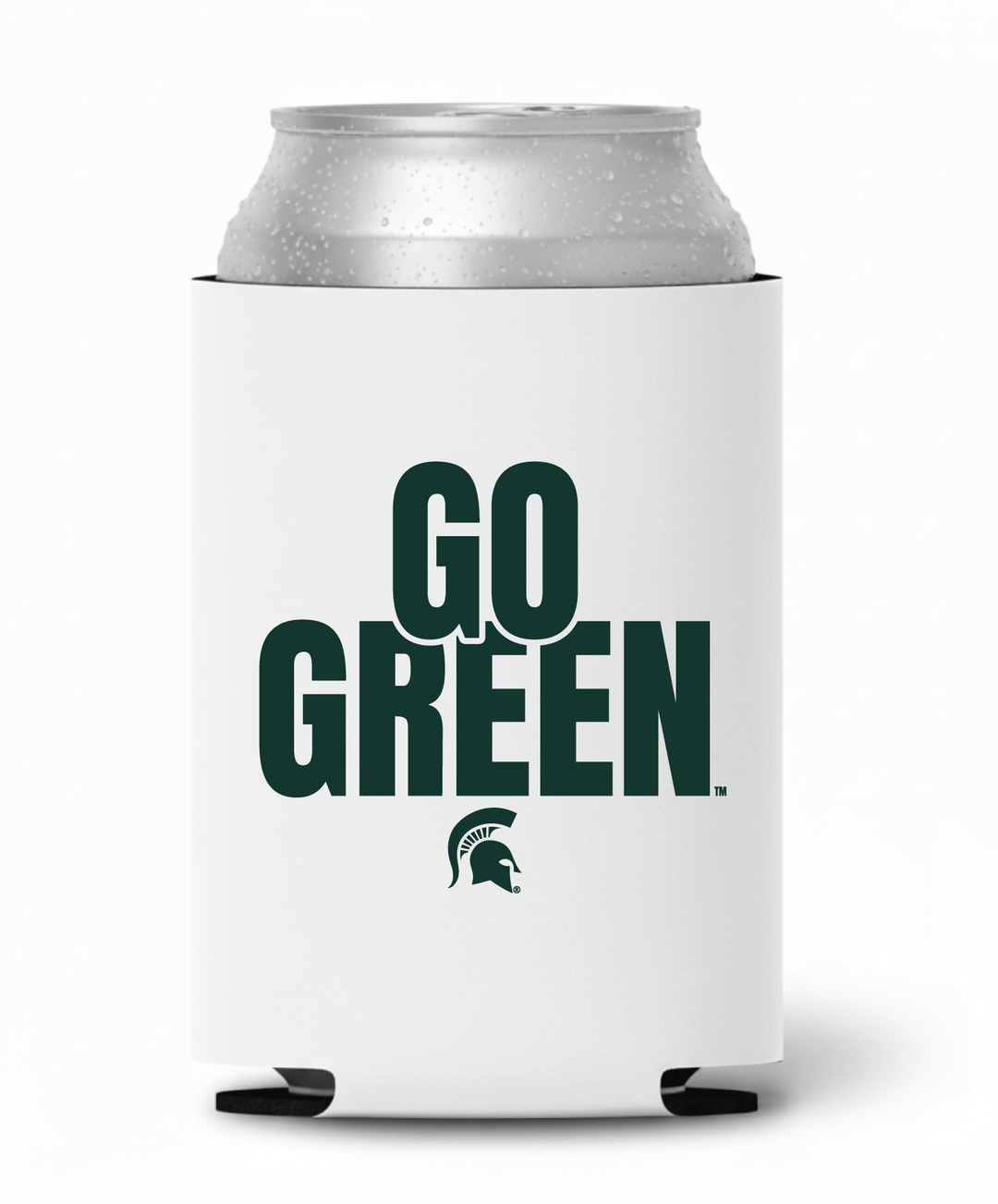 White Michigan State koozie with green "Go Green" and Spartan Helmet print