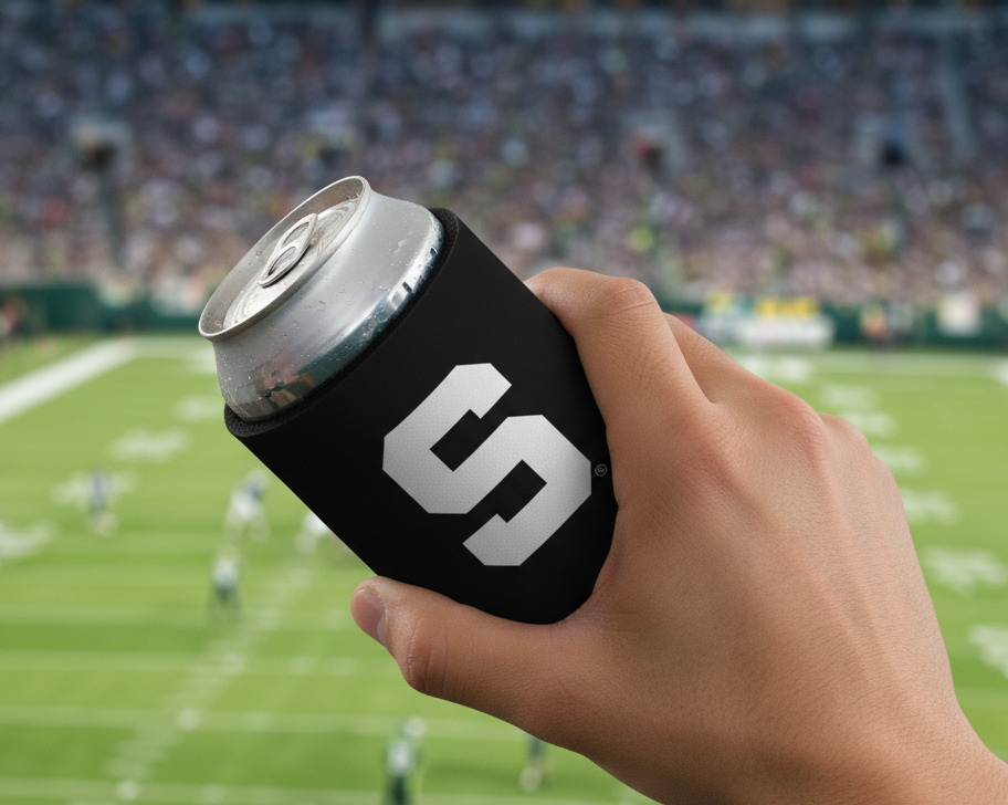 Hand holding a black Michigan State koozie at a football stadium
