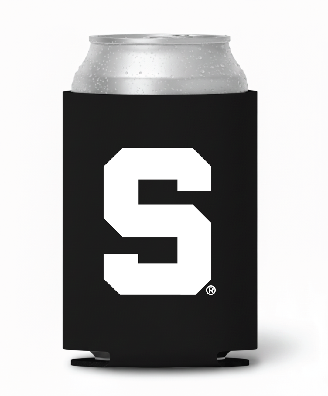 Black Michigan State can koozie with white Block S logo