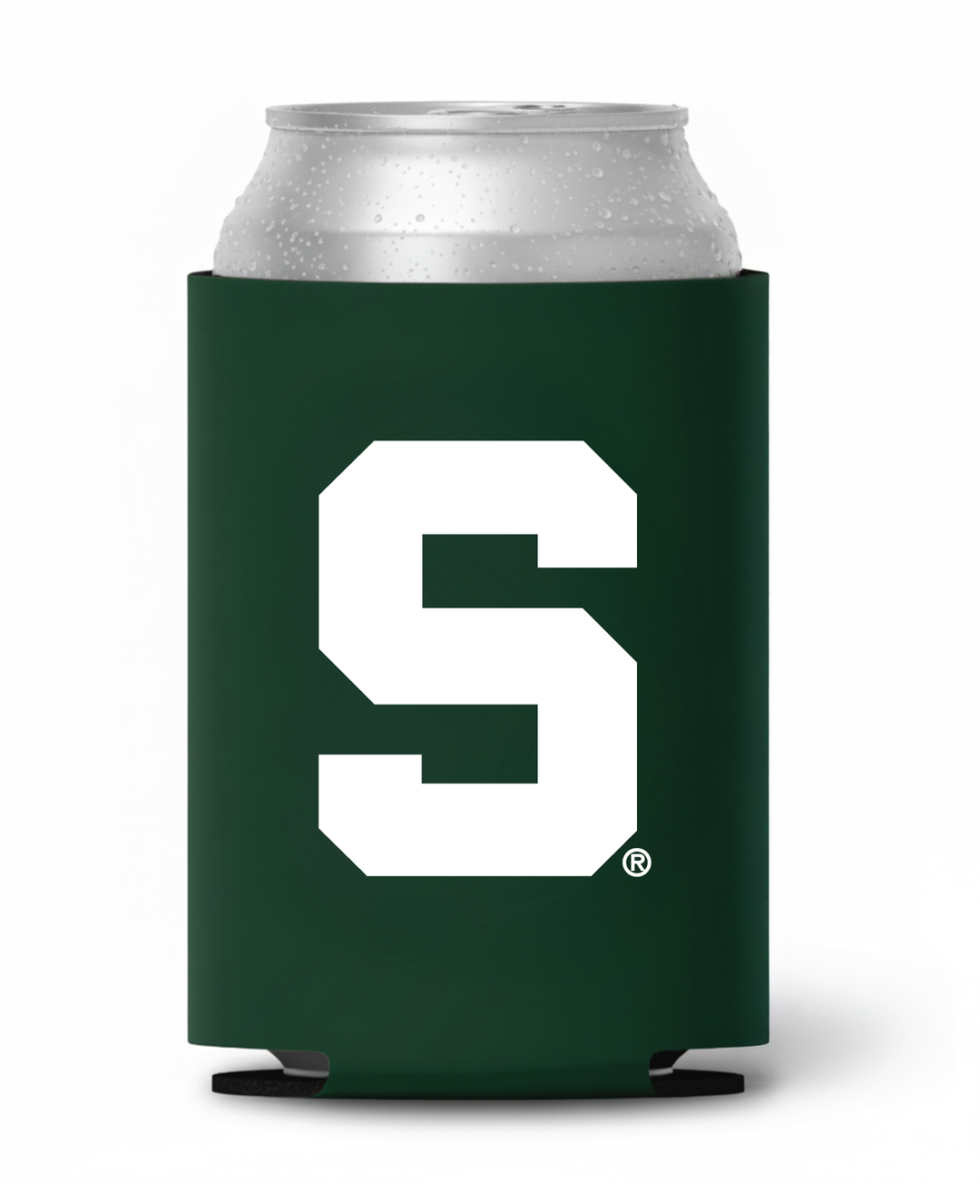 Green Michigan State can koozie with white block S logo