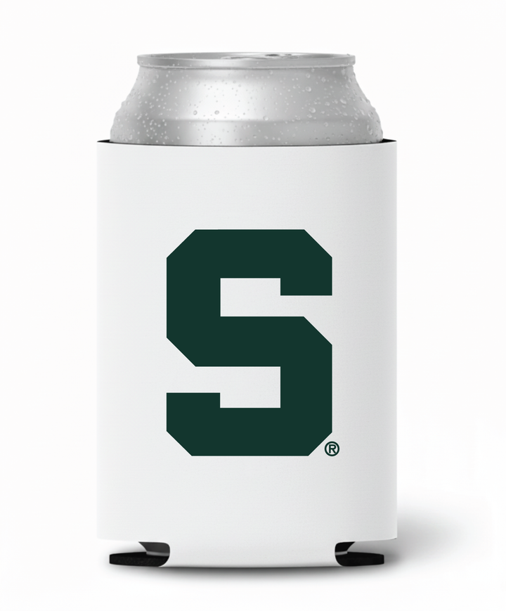 White Michigan State can koozie with green Block S logo