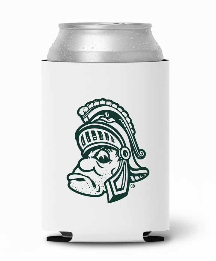 White Michigan State koozie with Green Gruff Sparty logo print