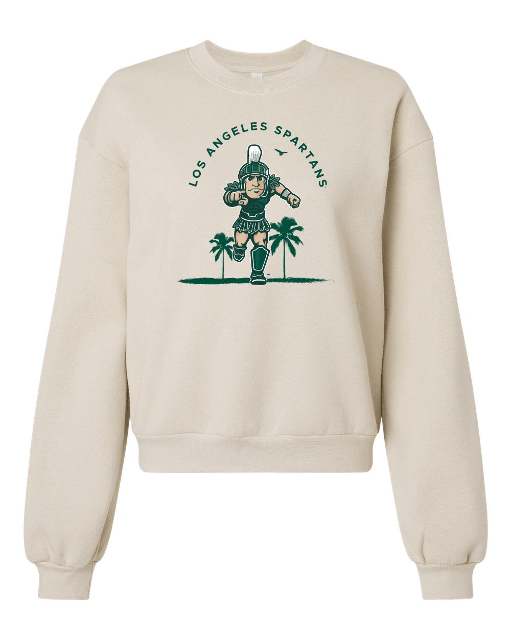 Beige Michigan State crewneck sweatshirt with Los Angeles Spartans design on chest.
