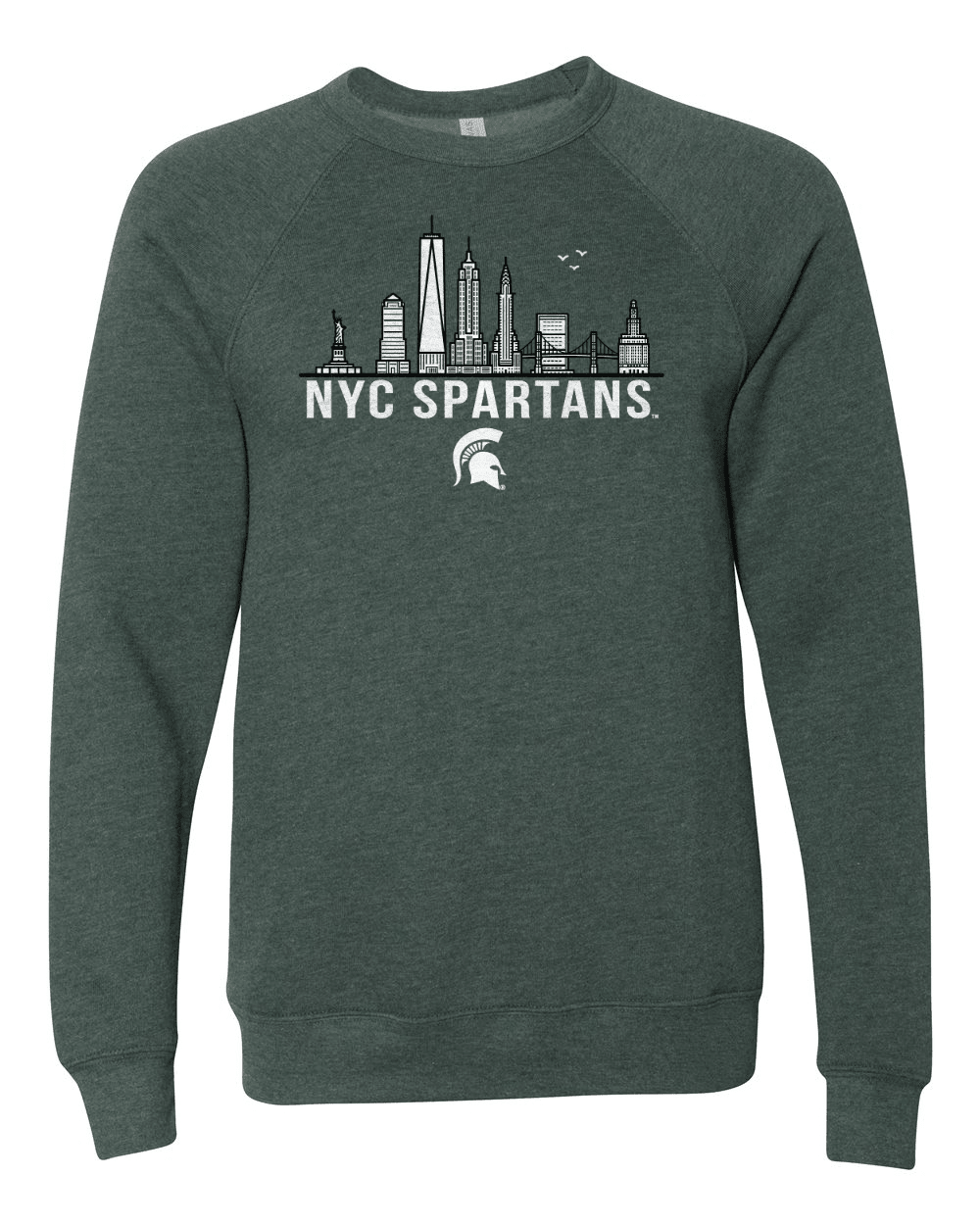 Green Michigan State crewneck sweatshirt with NYC Spartans design across chest.