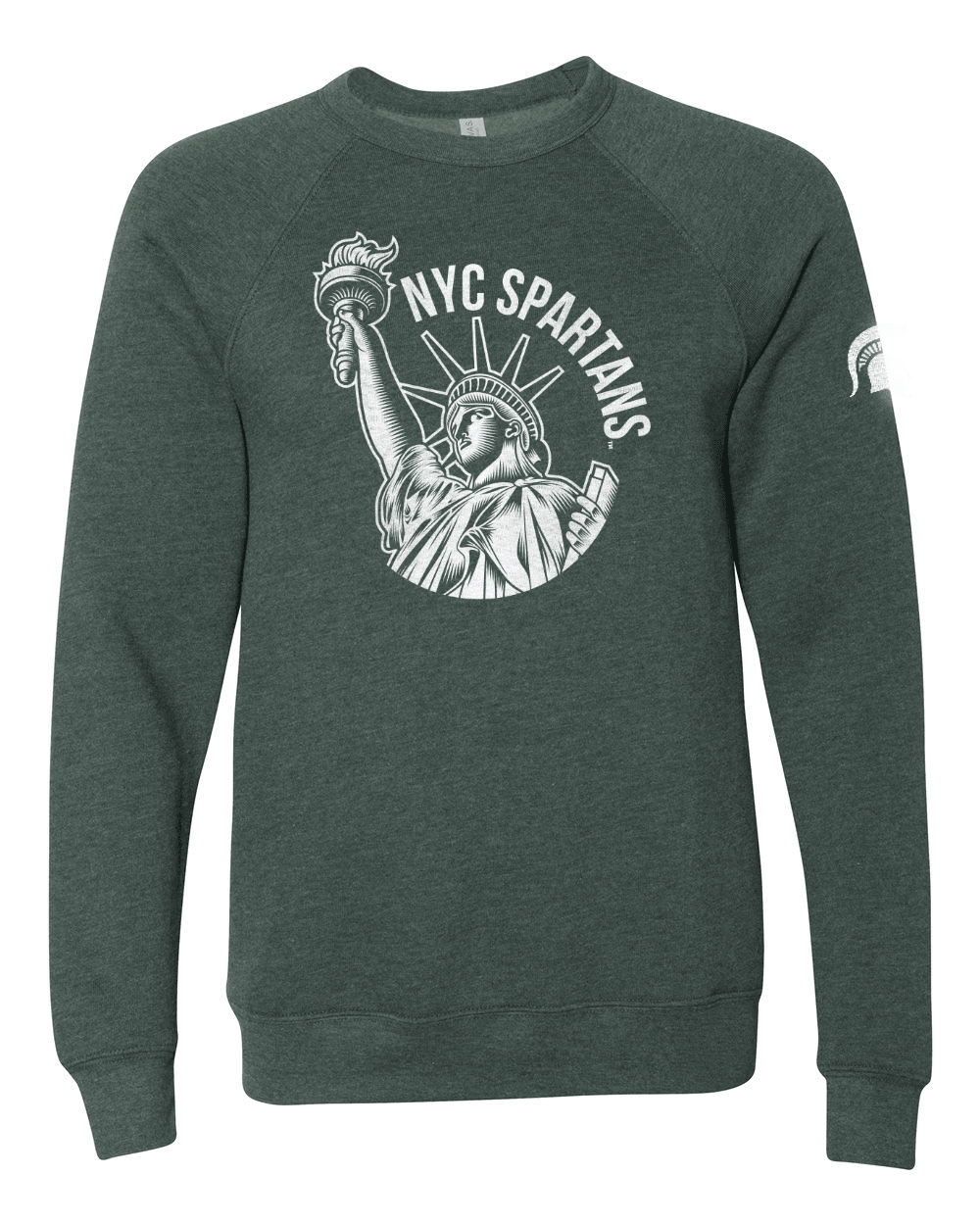 Green Michigan State crewneck sweatshirt with NYC Spartans design across chest.