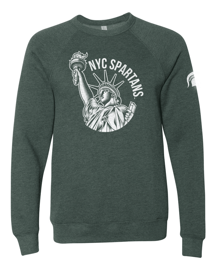 Green Michigan State crewneck sweatshirt with NYC Spartans design across chest.