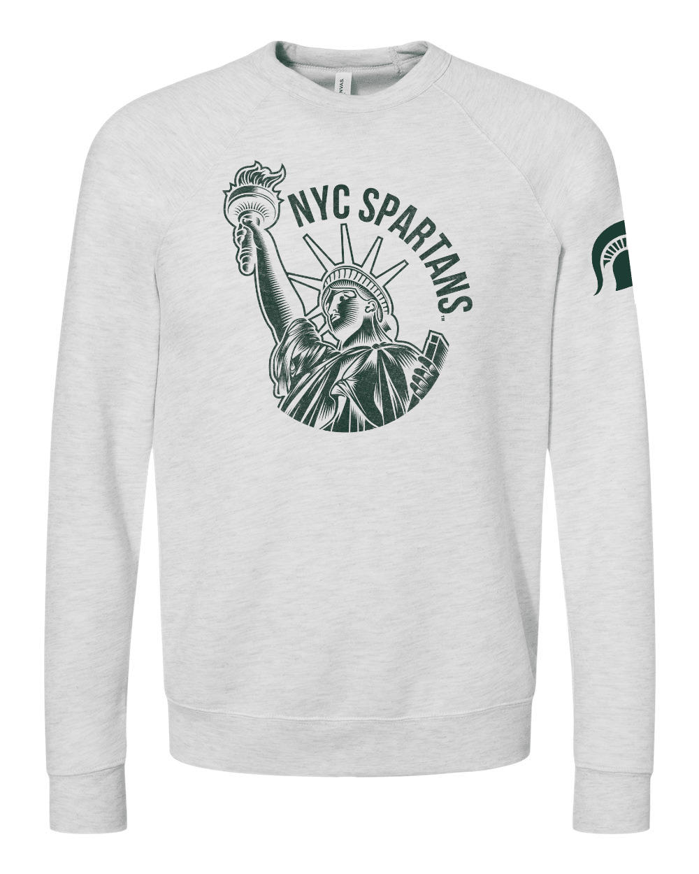White Michigan State NYC Spartans crewneck sweatshirt with Statue of Liberty design across the middle of the chest.