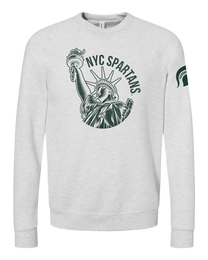 White Michigan State NYC Spartans crewneck sweatshirt with Statue of Liberty design across the middle of the chest.