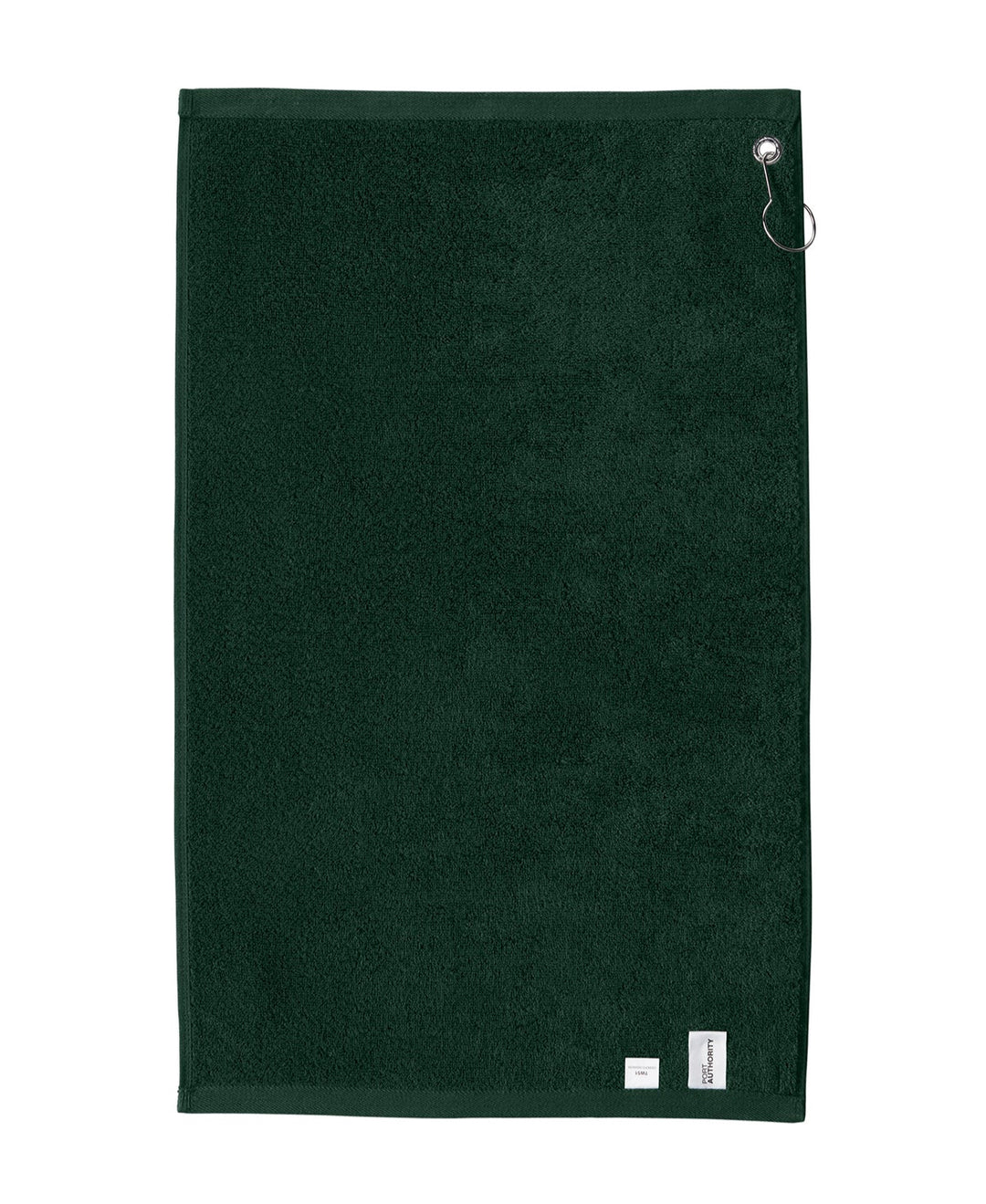 Back view of a forest green Michigan State golf towel with grommet and clasp