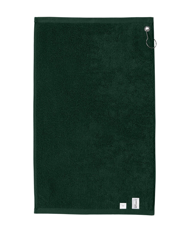 Back view of a forest green Michigan State golf towel with grommet and clasp