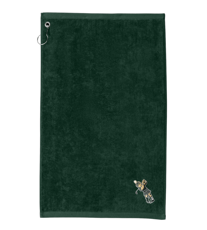 Green Michigan State golf towel with golfing Sparty logo in corner. 