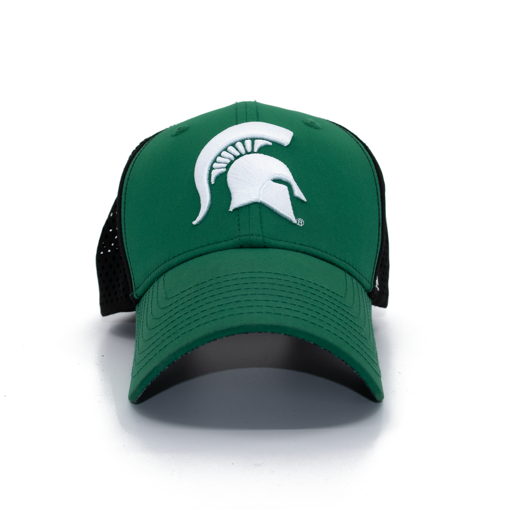 Front view of a Michigan State hat from Nudge Printing with a white Spartan Helmet embroidery. 