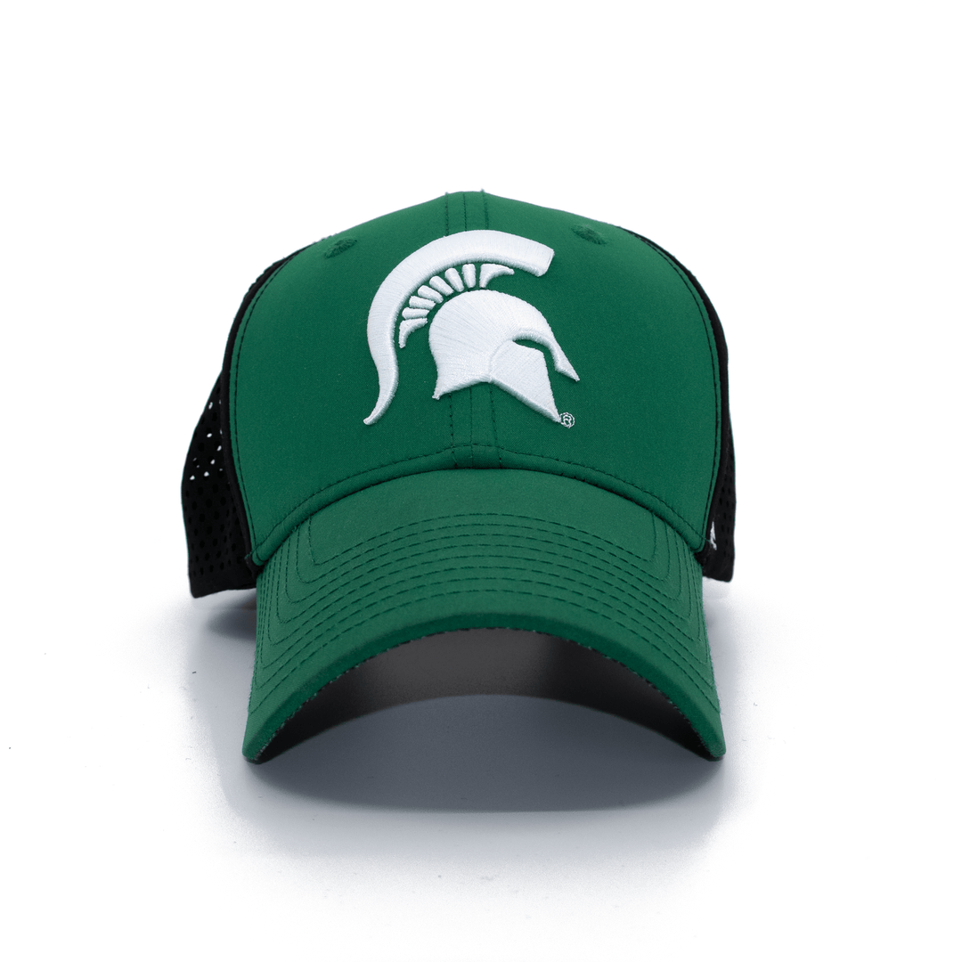 Front view of a Michigan State hat from Nudge Printing with a white Spartan Helmet embroidery. 