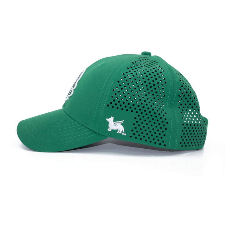 Left side view of green Michigan State hat with Gruff Sparty logo, Nudge Printing embroidery, and laser-cut ventilation holes.