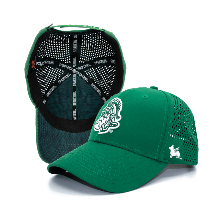 Front and inside view of green Michigan State hat with Gruff Sparty logo and custom underbill and inside lining.