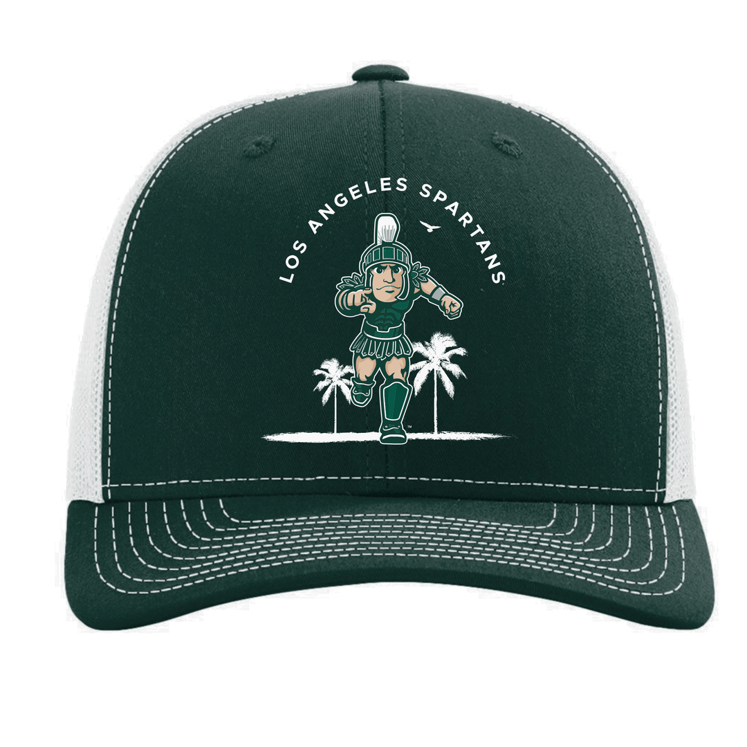 Green Michigan State hat with white palm trees, Sparty logo pointing forward, and Los Angeles Spartans printed above.