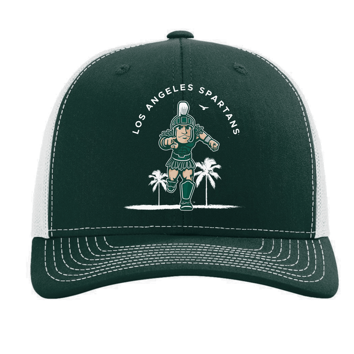 Green Michigan State hat with white palm trees, Sparty logo pointing forward, and Los Angeles Spartans printed above.