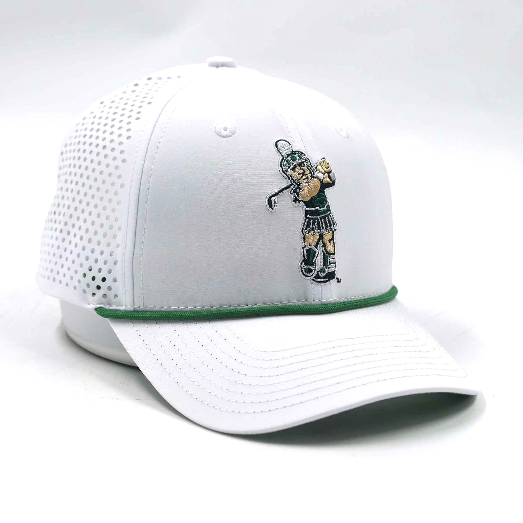 Angled view of a white Michigan State hat with the Golfing Sparty logo embroidered on the front and a green rope detail.