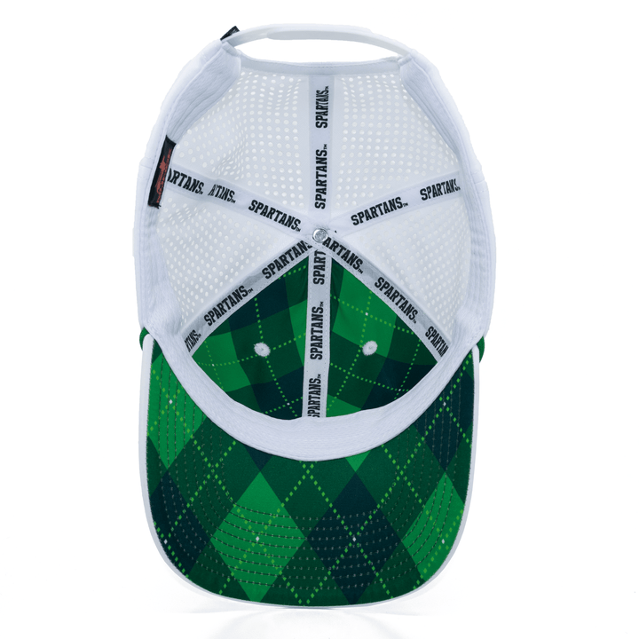 Inside view of a white Michigan State hat with a custom green argyle underbill and interior lining print. 