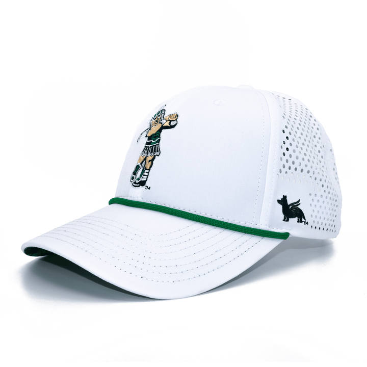 Angled view of a white Michigan State hat with golfing Sparty embroidered on the front, a green rope, and a dark green Nudge Printing logo on the side. 