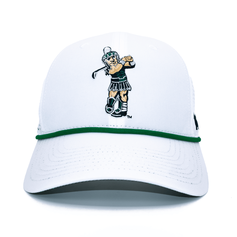 Front view of white Michigan State hat with golfing Sparty embroidered on the front as well as a green rope. 