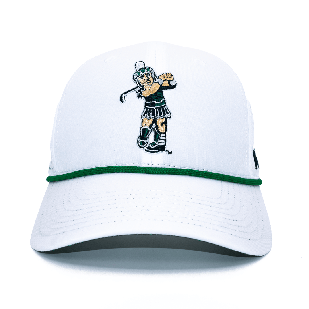 Front view of white Michigan State hat with golfing Sparty embroidered on the front as well as a green rope. 