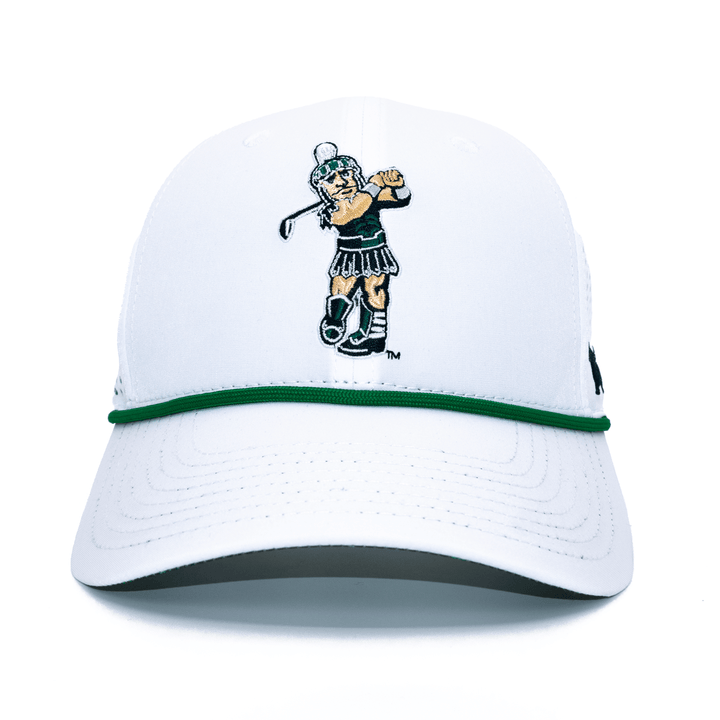 Front view of white Michigan State hat with golfing Sparty embroidered on the front as well as a green rope. 