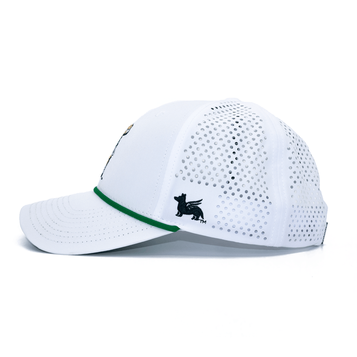 Left side view of a white Michigan State hat with golfing sparty embroidered on the front, green rope, and Nudge Printing logo. 
