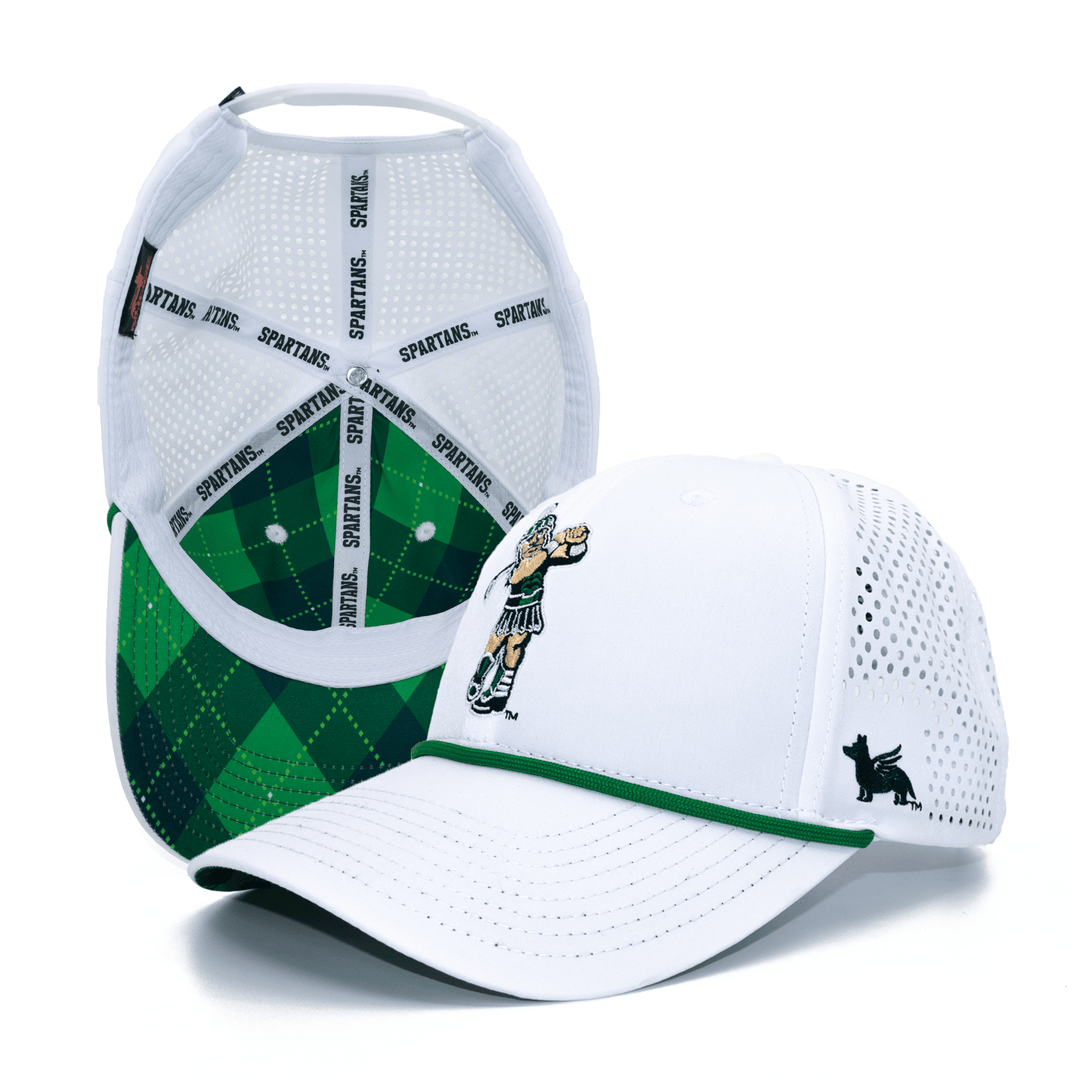 White Michigan State hat with golfing Sparty logo embroidered on the front, green rope, and custom green argyle underbid print. 