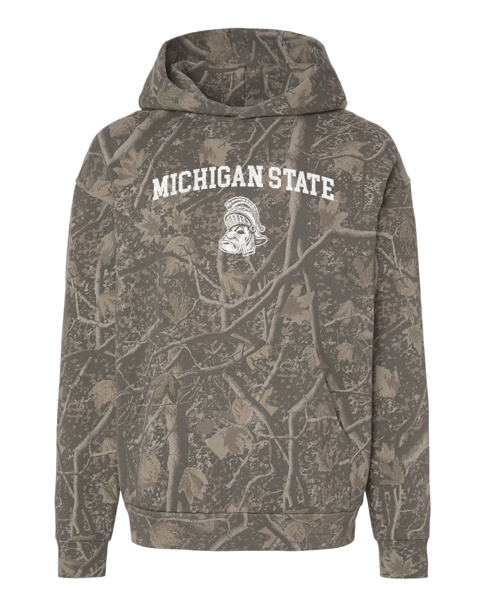 A camouflage hoodie featuring a woodland tree-bark pattern in shades of brown, gray, and green, with &
