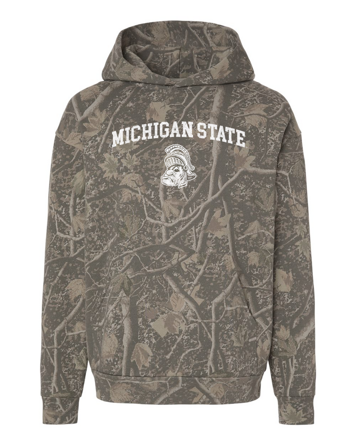A camouflage hoodie featuring a woodland tree-bark pattern in shades of brown, gray, and green, with &