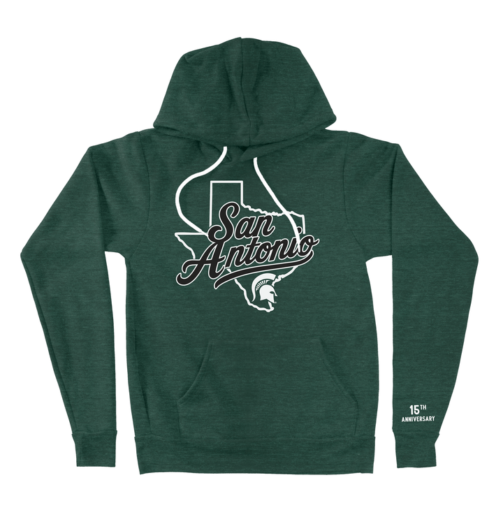 Front view of a San Antonio Spartans alumni club Michigan State hoodie in forest green with logo printed on the chest.