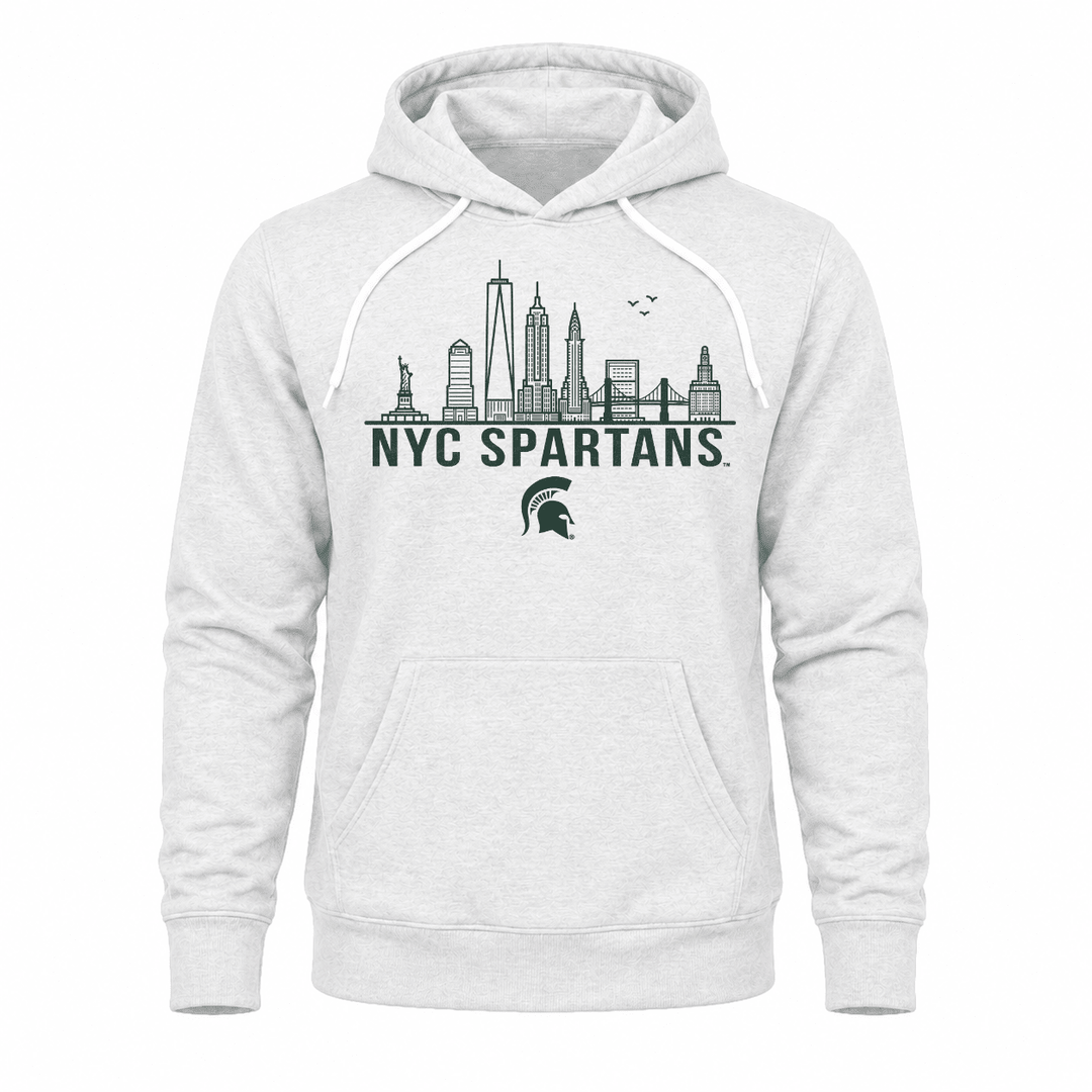 White Michigan State NYC Spartans sweatshirt hoodie with New York skyline design across the chest.