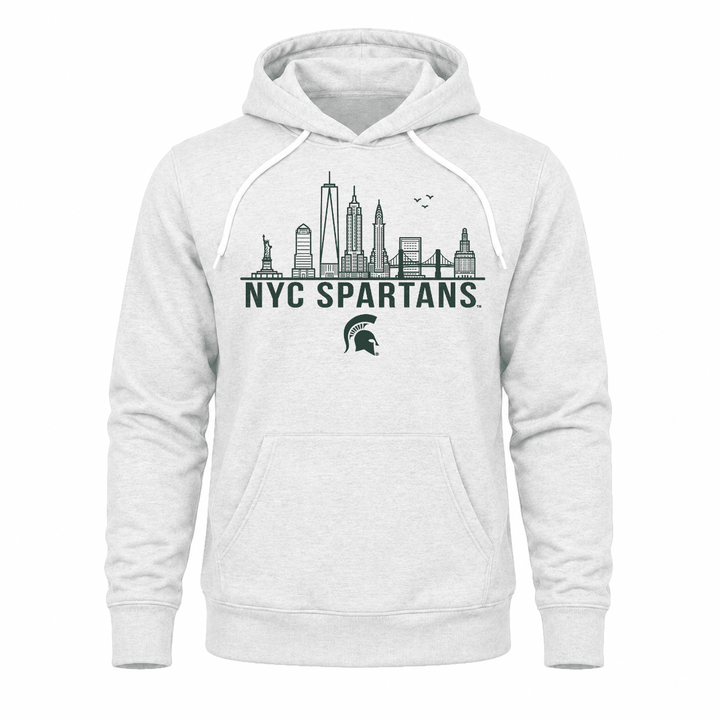 White Michigan State NYC Spartans sweatshirt hoodie with New York skyline design across the chest.