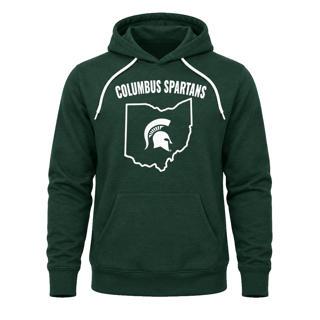 Green Michigan State Columbus Spartans sweatshirt hoodie with Ohio outline design across the chest. 